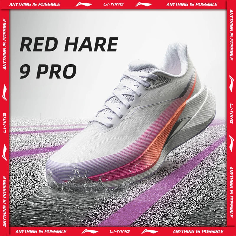 Li-Ning Women's RED HARE 9 PRO Racing Running Shoes LN DWR Water Repellent BOOM Cushioning Light LiNing Stable Sneakers ARPW024