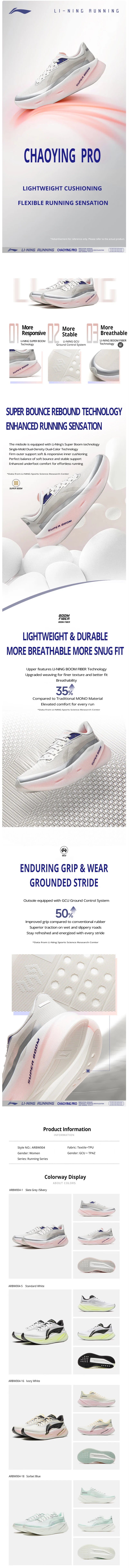 Li-Ning Women's CHAOYING PRO Cushion Running Shoes SUPER BOOM Lightweight Breathable LiNing Daily Sports Shoes ARBW004